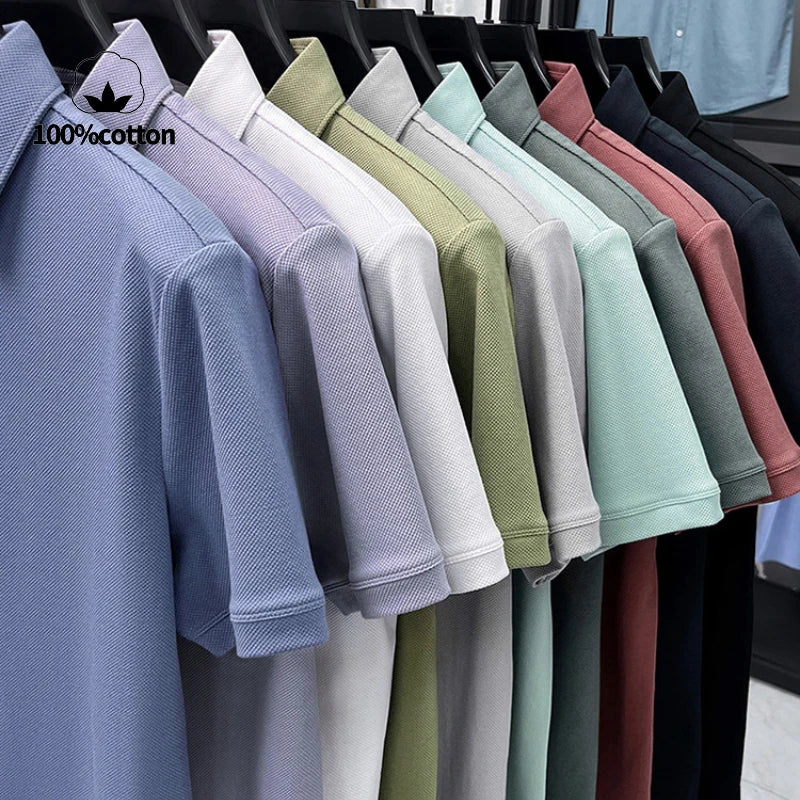 Premium Double-Sided 100% Cotton Polo Shirt - Soft, Skin-Friendly, Textured Pearl Weaving, Strong Luster, Stylish & Comfortable