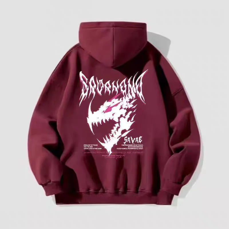 Unisex Cotton Hoodie Street Style Autumn Winter Thickened Fleece Lined Dinosaur Print Lazy Style Casual American Student Top