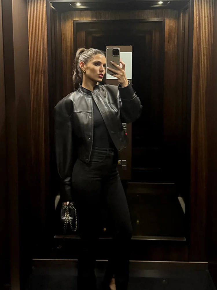 Slim Fit Faux Leather Jackets Women Classic Moto Biker PU Fitted Zipper Jacket
