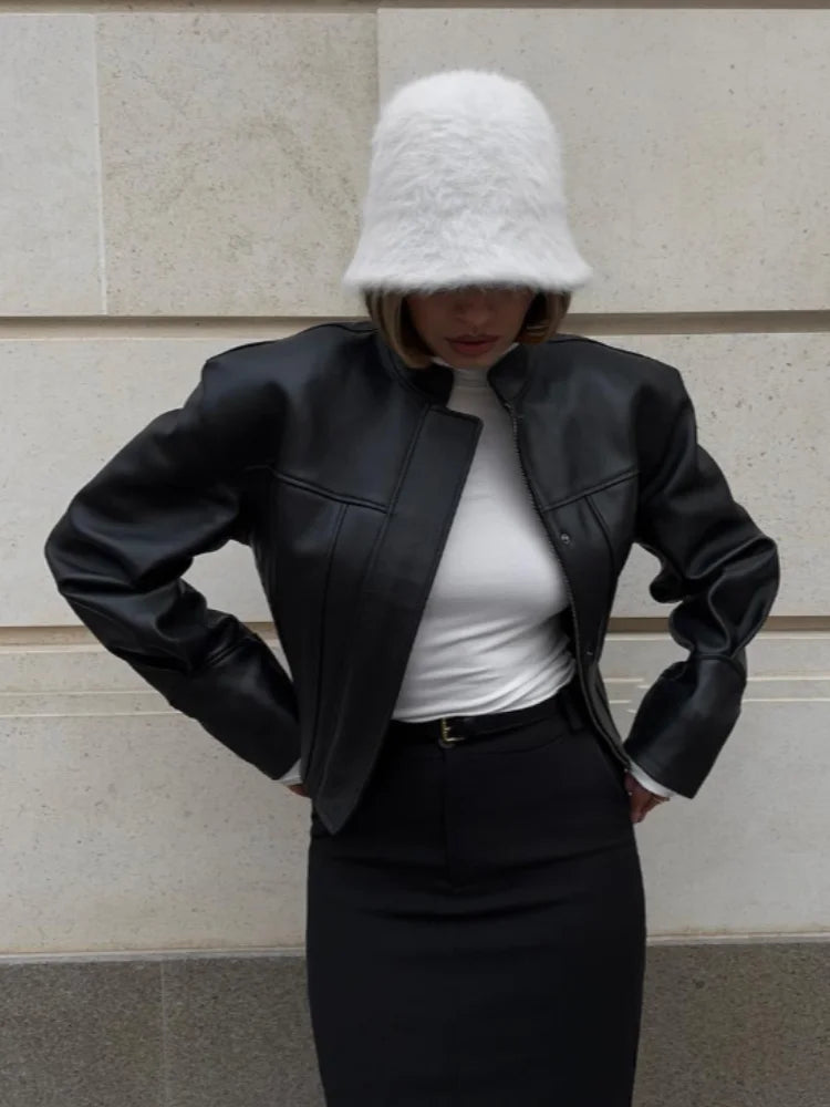 Slim Fit Faux Leather Jackets Women Classic Moto Biker PU Fitted Zipper Jacket