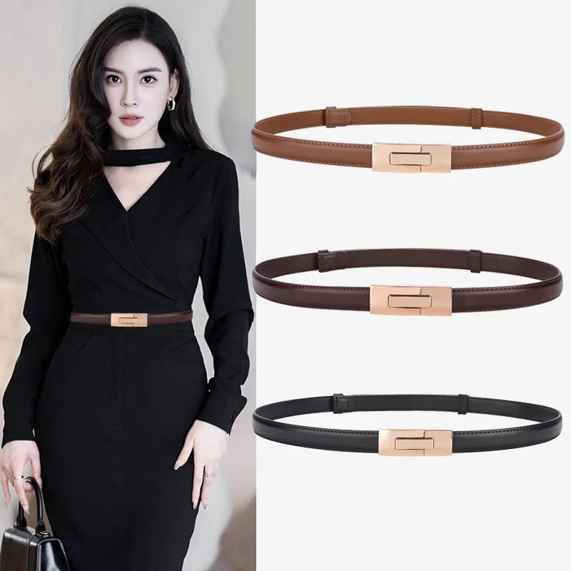 Brand soft cowhide thin belt ladies decorative dress adjustable black belt female fashion
