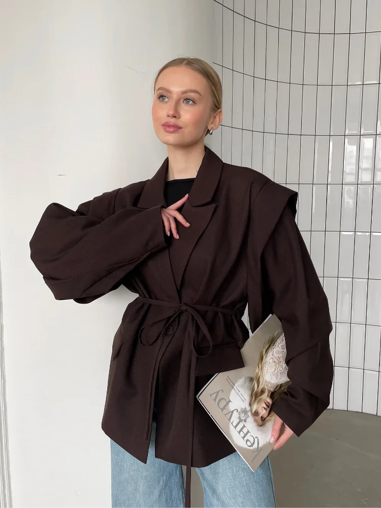 Fashion Brown Lace-up Waist Cinching Blazer Woman Casual V-neck Long Sleeve Short Coat
