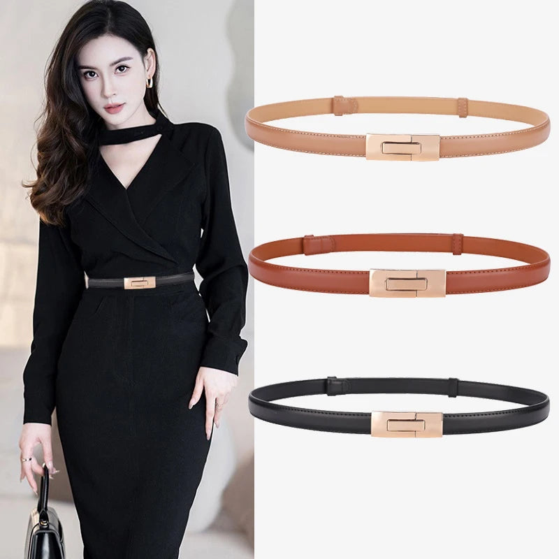 Brand soft cowhide thin belt ladies decorative dress adjustable black belt female fashion