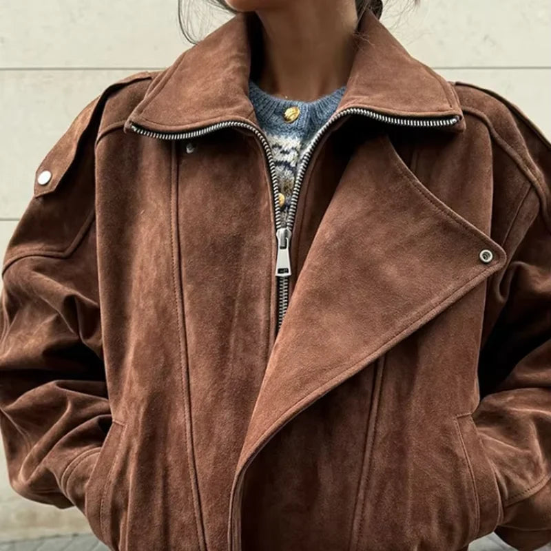 Chic Brown Faux Suede Cropped Casual Coat Vintage Lapel Solid Zipper Short Jacket 2025