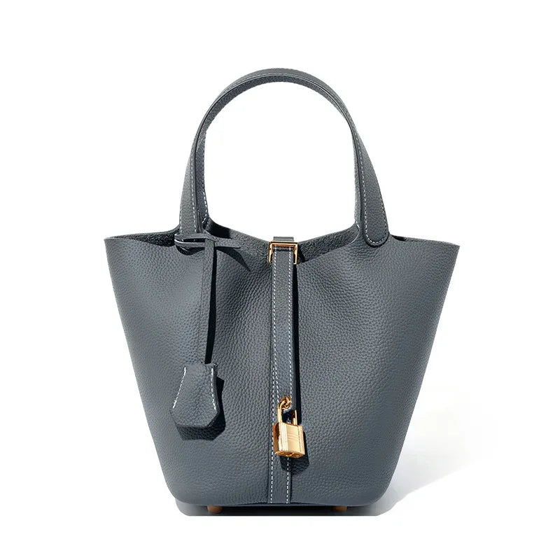 2025 Casual Fashion Female Genuine Leather Bucket Bag Luxury Handbag High-End Tote Bag Woman Cow Leather Mommy Bag & Metal Lock
