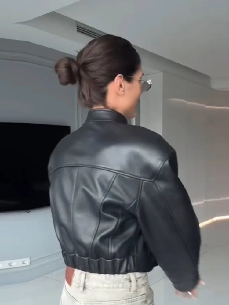 Slim Fit Faux Leather Jackets Women Classic Moto Biker PU Fitted Zipper Jacket