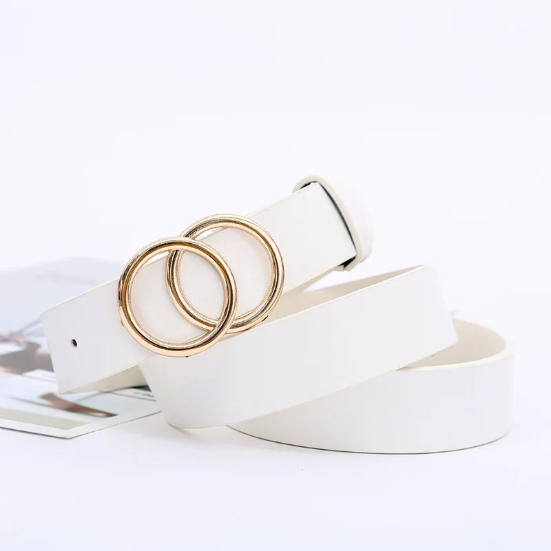 Double Ring Belts for Women Fashion Dress Jeans Belt PU Leather Metal Buckle Round Black Waist Belts