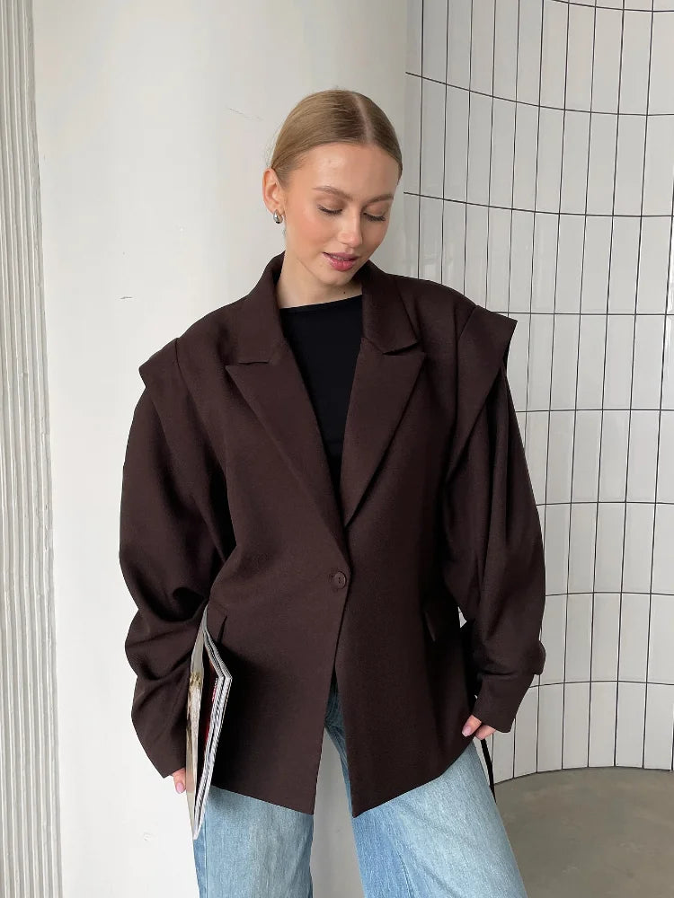 Fashion Brown Lace-up Waist Cinching Blazer Woman Casual V-neck Long Sleeve Short Coat