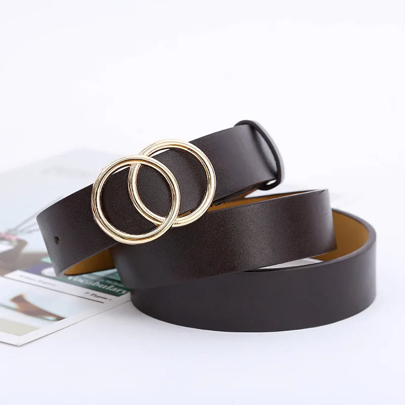 Double Ring Belts for Women Fashion Dress Jeans Belt PU Leather Metal Buckle Round Black Waist Belts