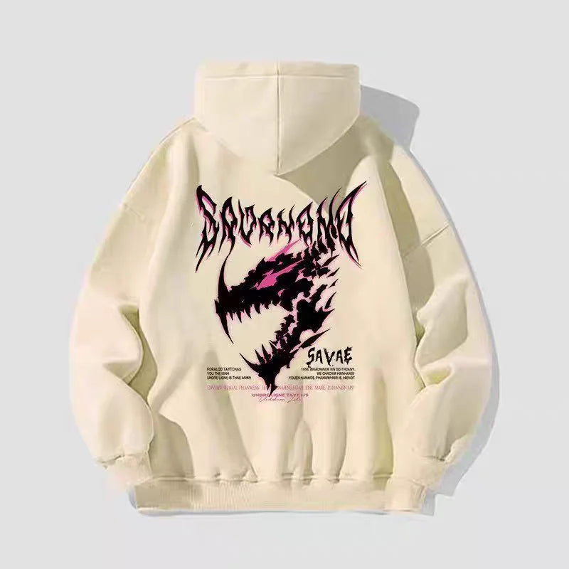 Unisex Cotton Hoodie Street Style Autumn Winter Thickened Fleece Lined Dinosaur Print Lazy Style Casual American Student Top
