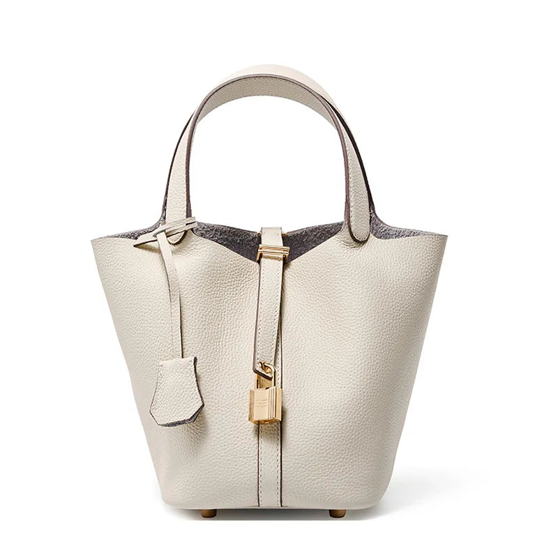 2025 Casual Fashion Female Genuine Leather Bucket Bag Luxury Handbag High-End Tote Bag Woman Cow Leather Mommy Bag & Metal Lock