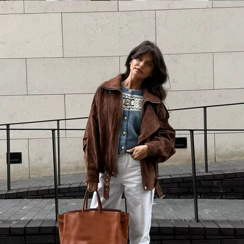 Chic Brown Faux Suede Cropped Casual Coat Vintage Lapel Solid Zipper Short Jacket 2025