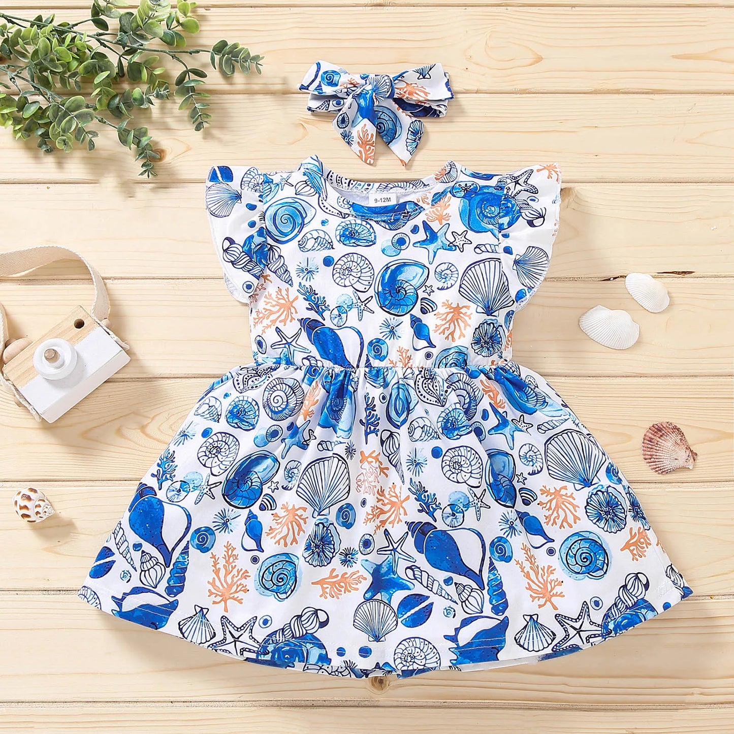 2025 Baby Girl Dresses 18 Month Girls Toddler Beach Sea Printed Flutter Sleeves Dress Infant Girls Preschool Sweet Clothes