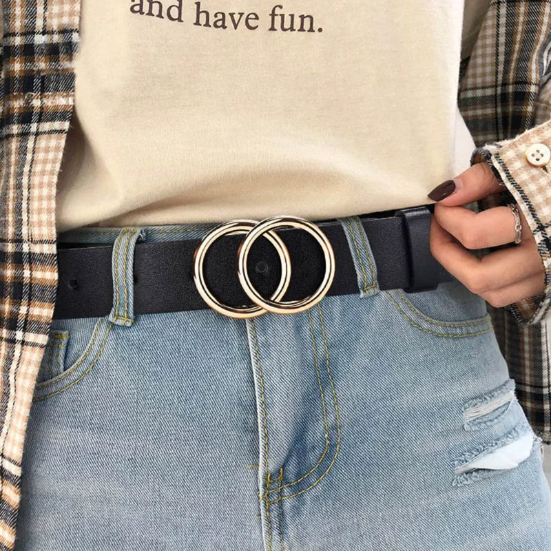 Double Ring Belts for Women Fashion Dress Jeans Belt PU Leather Metal Buckle Round Black Waist Belts