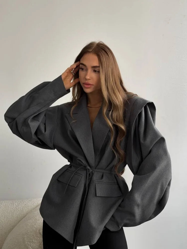 Fashion Brown Lace-up Waist Cinching Blazer Woman Casual V-neck Long Sleeve Short Coat