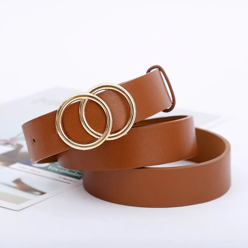 Double Ring Belts for Women Fashion Dress Jeans Belt PU Leather Metal Buckle Round Black Waist Belts