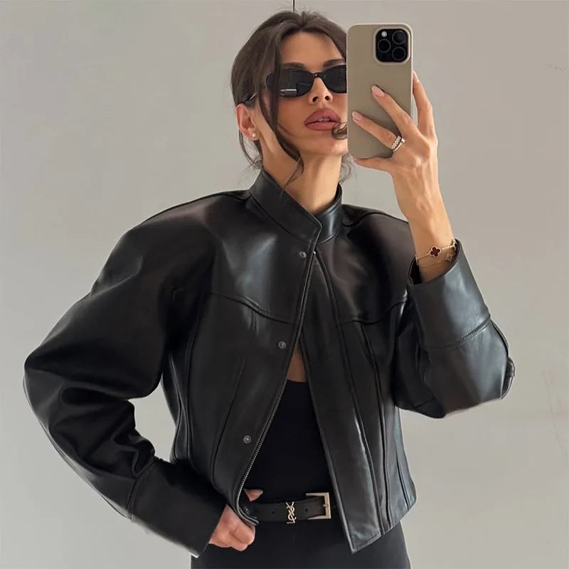 Slim Fit Faux Leather Jackets Women Classic Moto Biker PU Fitted Zipper Jacket