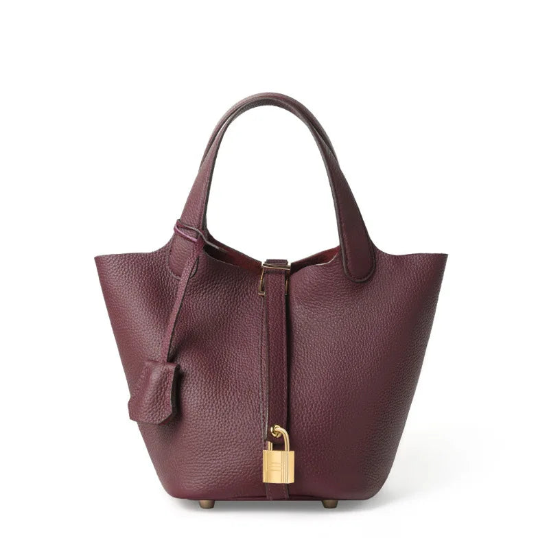 2025 Casual Fashion Female Genuine Leather Bucket Bag Luxury Handbag High-End Tote Bag Woman Cow Leather Mommy Bag & Metal Lock