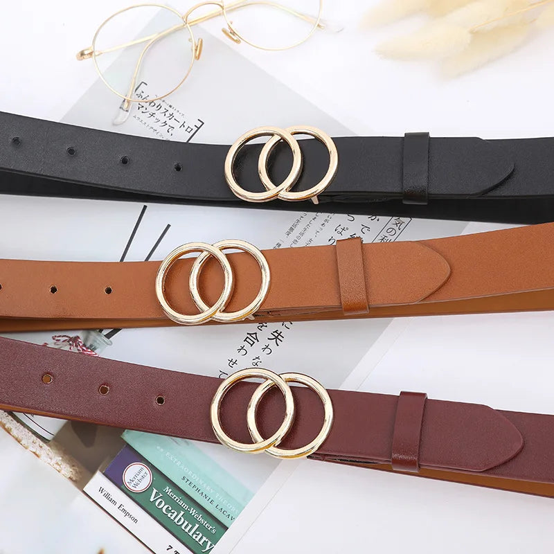 Double Ring Belts for Women Fashion Dress Jeans Belt PU Leather Metal Buckle Round Black Waist Belts