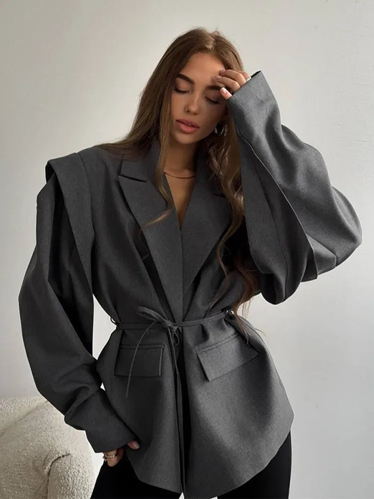 Fashion Brown Lace-up Waist Cinching Blazer Woman Casual V-neck Long Sleeve Short Coat