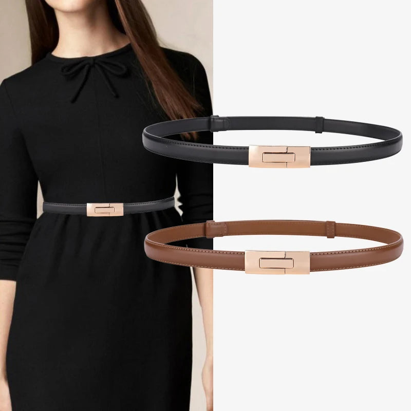 Brand soft cowhide thin belt ladies decorative dress adjustable black belt female fashion