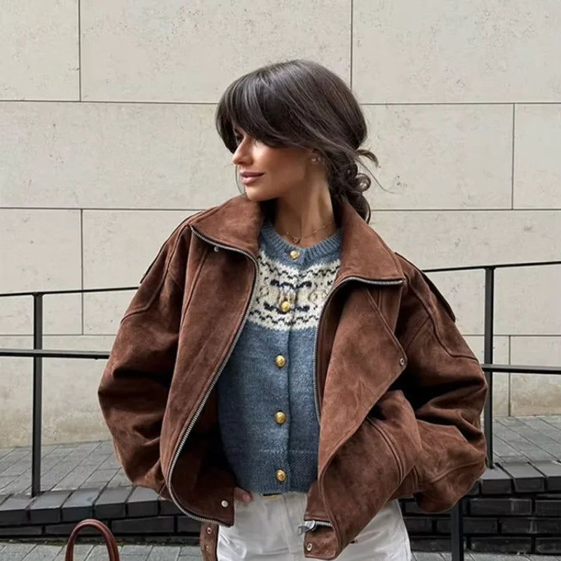 Chic Brown Faux Suede Cropped Casual Coat Vintage Lapel Solid Zipper Short Jacket 2025