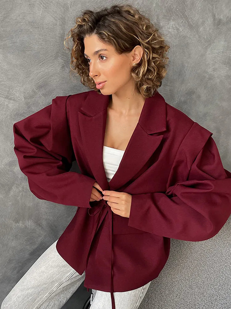 Fashion Brown Lace-up Waist Cinching Blazer Woman Casual V-neck Long Sleeve Short Coat