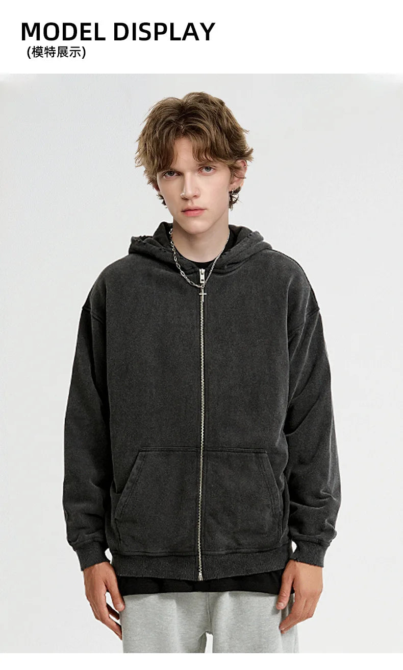 Washed and aged sweatshirt, men's loose hoodie, round-neck jacket S-5XL