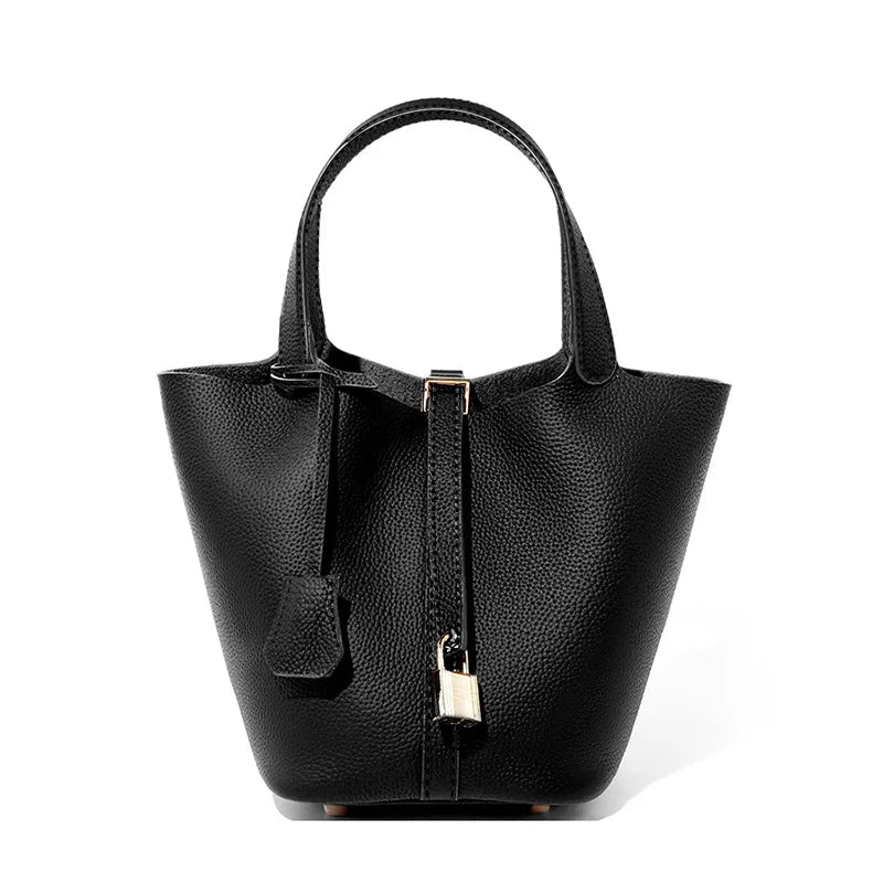 2025 Casual Fashion Female Genuine Leather Bucket Bag Luxury Handbag High-End Tote Bag Woman Cow Leather Mommy Bag & Metal Lock