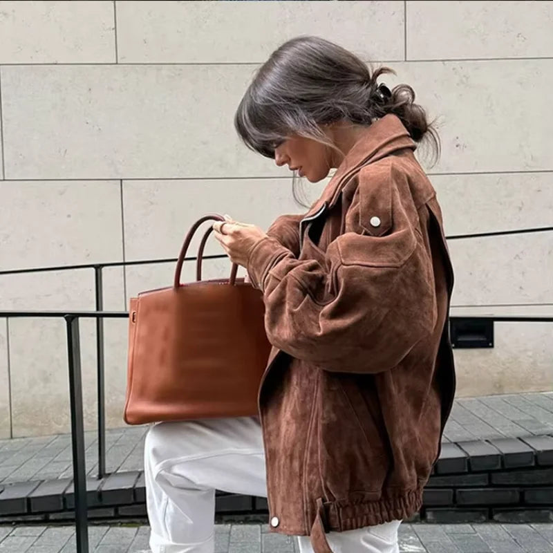 Chic Brown Faux Suede Cropped Casual Coat Vintage Lapel Solid Zipper Short Jacket 2025