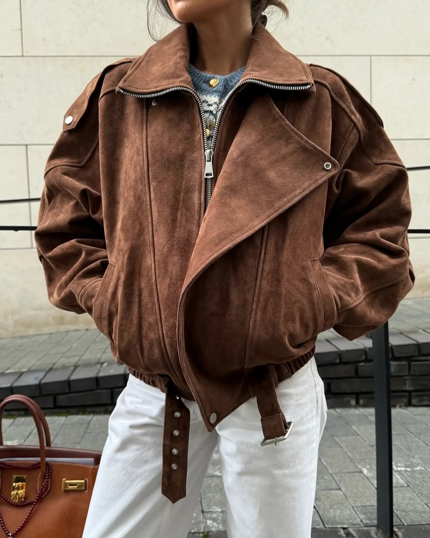 Chic Brown Faux Suede Cropped Casual Coat Vintage Lapel Solid Zipper Short Jacket 2025
