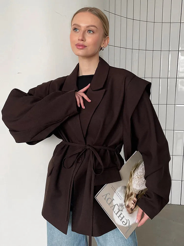 Fashion Brown Lace-up Waist Cinching Blazer Woman Casual V-neck Long Sleeve Short Coat