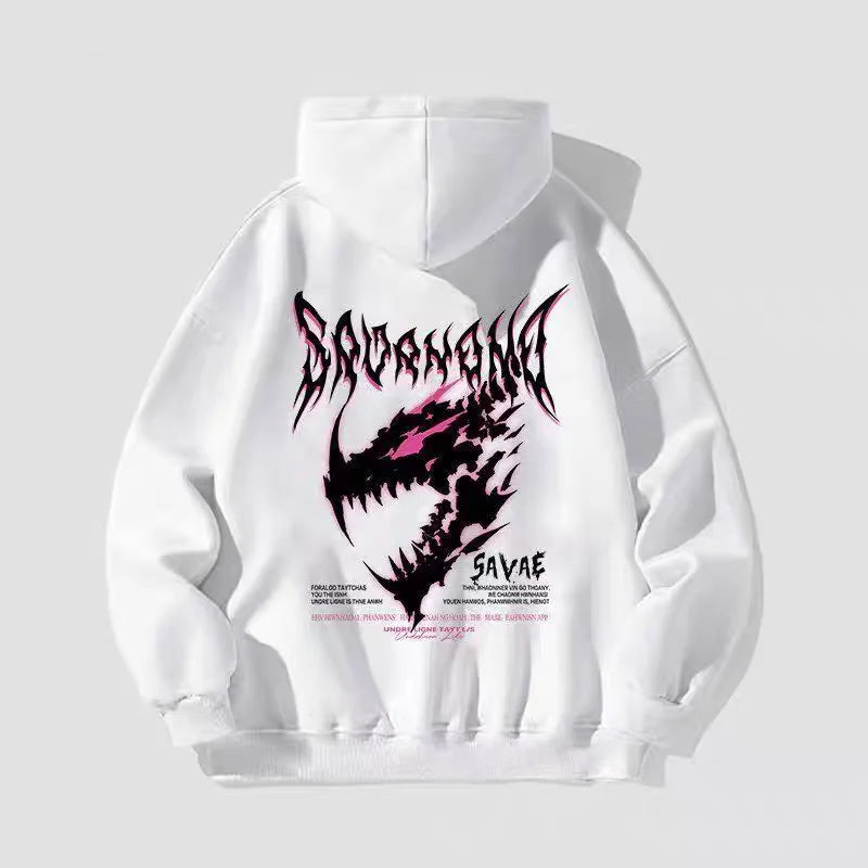 Unisex Cotton Hoodie Street Style Autumn Winter Thickened Fleece Lined Dinosaur Print Lazy Style Casual American Student Top