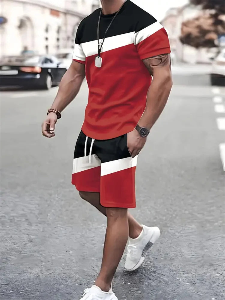 Boutique Men's Summer Casual Sports Short Sleeve Suit Simple Splicing Printed Round Neck T Shirt Drawstring Pocket Shorts Suit