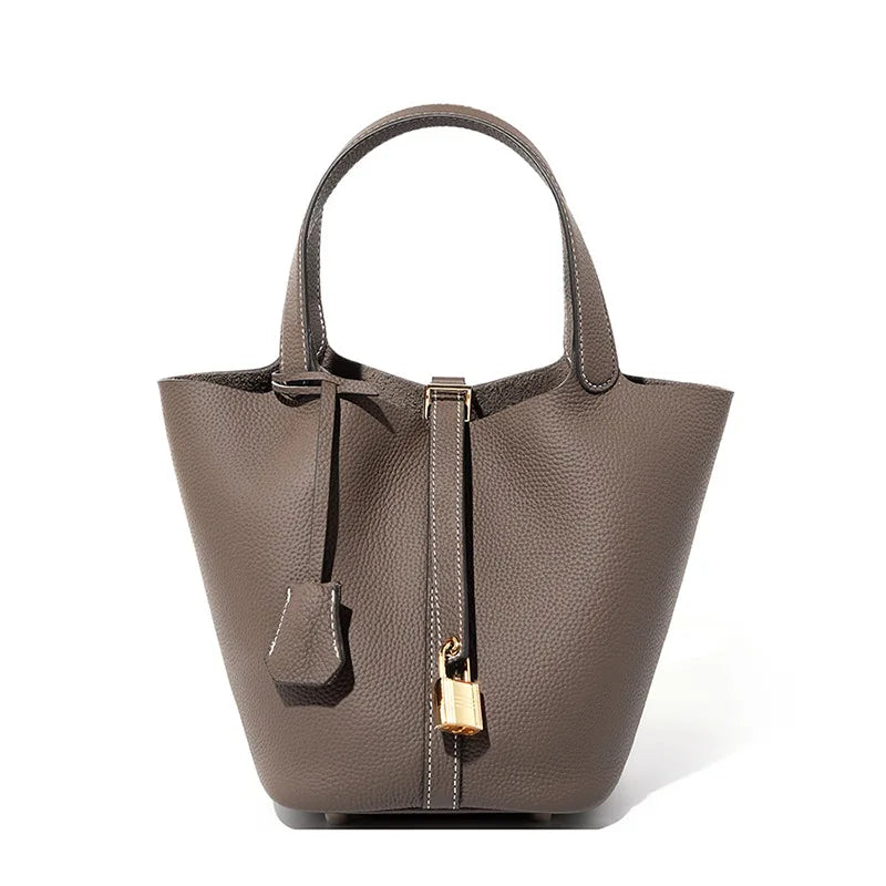 2025 Casual Fashion Female Genuine Leather Bucket Bag Luxury Handbag High-End Tote Bag Woman Cow Leather Mommy Bag & Metal Lock