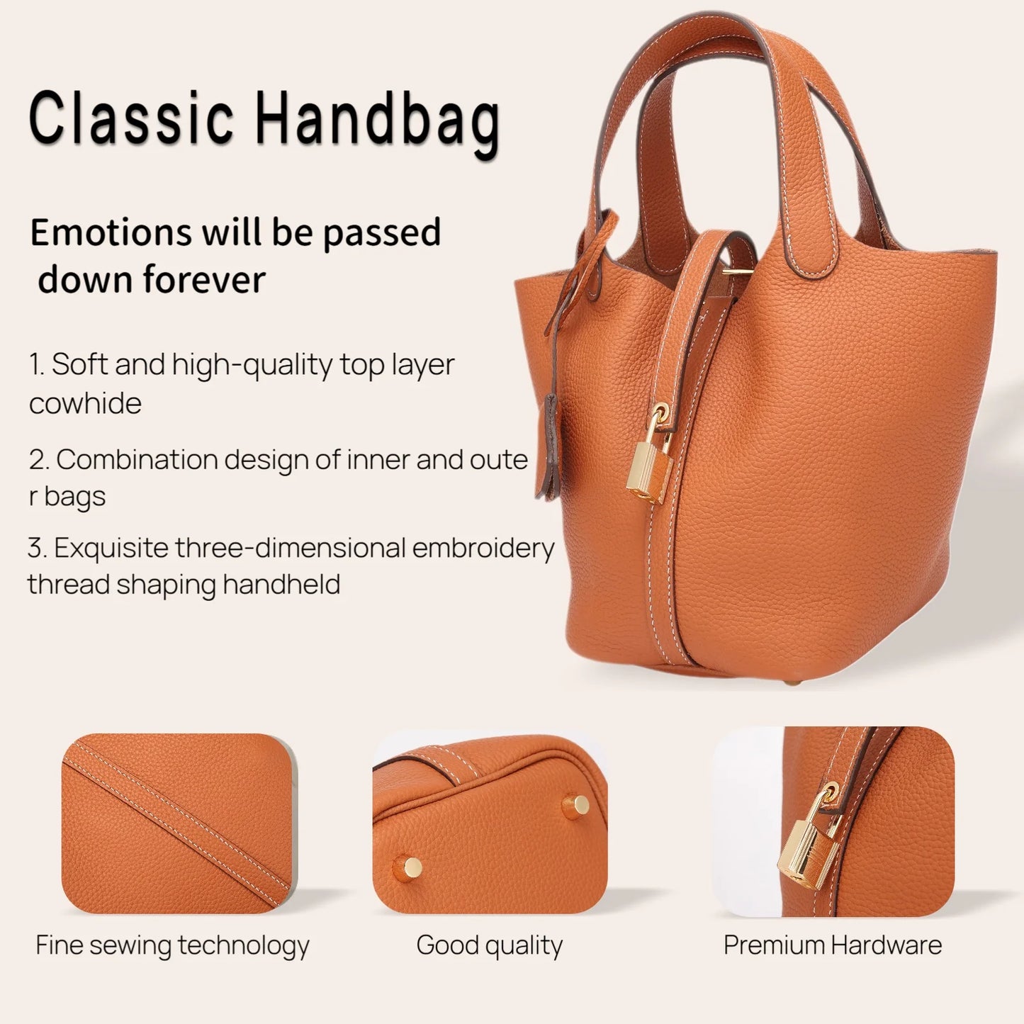 2025 Casual Fashion Female Genuine Leather Bucket Bag Luxury Handbag High-End Tote Bag Woman Cow Leather Mommy Bag & Metal Lock