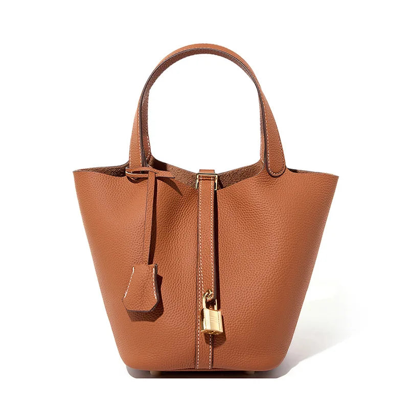 2025 Casual Fashion Female Genuine Leather Bucket Bag Luxury Handbag High-End Tote Bag Woman Cow Leather Mommy Bag & Metal Lock