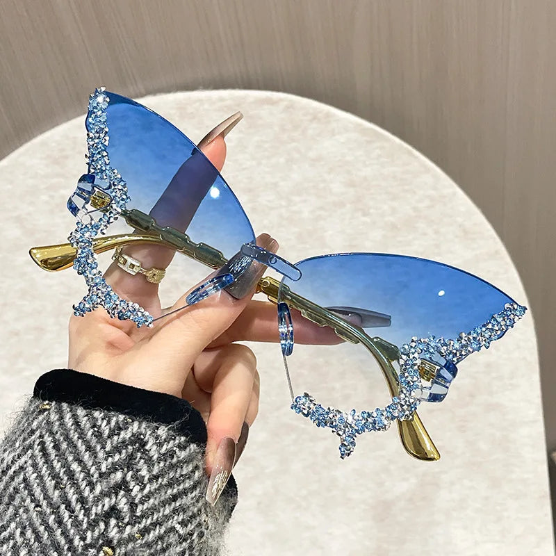 Rimless Butterfly Sunglasses Cat Eye Popular Women Men Shades Small Ellipse Sun Glasses