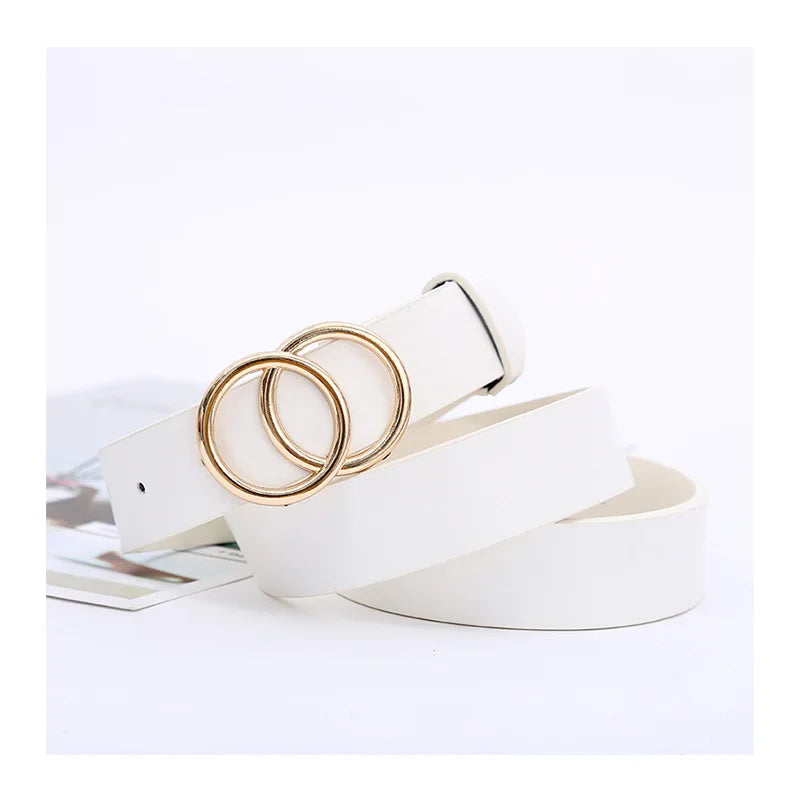 Double Ring Belts for Women Fashion Dress Jeans Belt PU Leather Metal Buckle Round Black Waist Belts