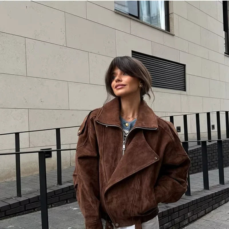 Chic Brown Faux Suede Cropped Casual Coat Vintage Lapel Solid Zipper Short Jacket 2025