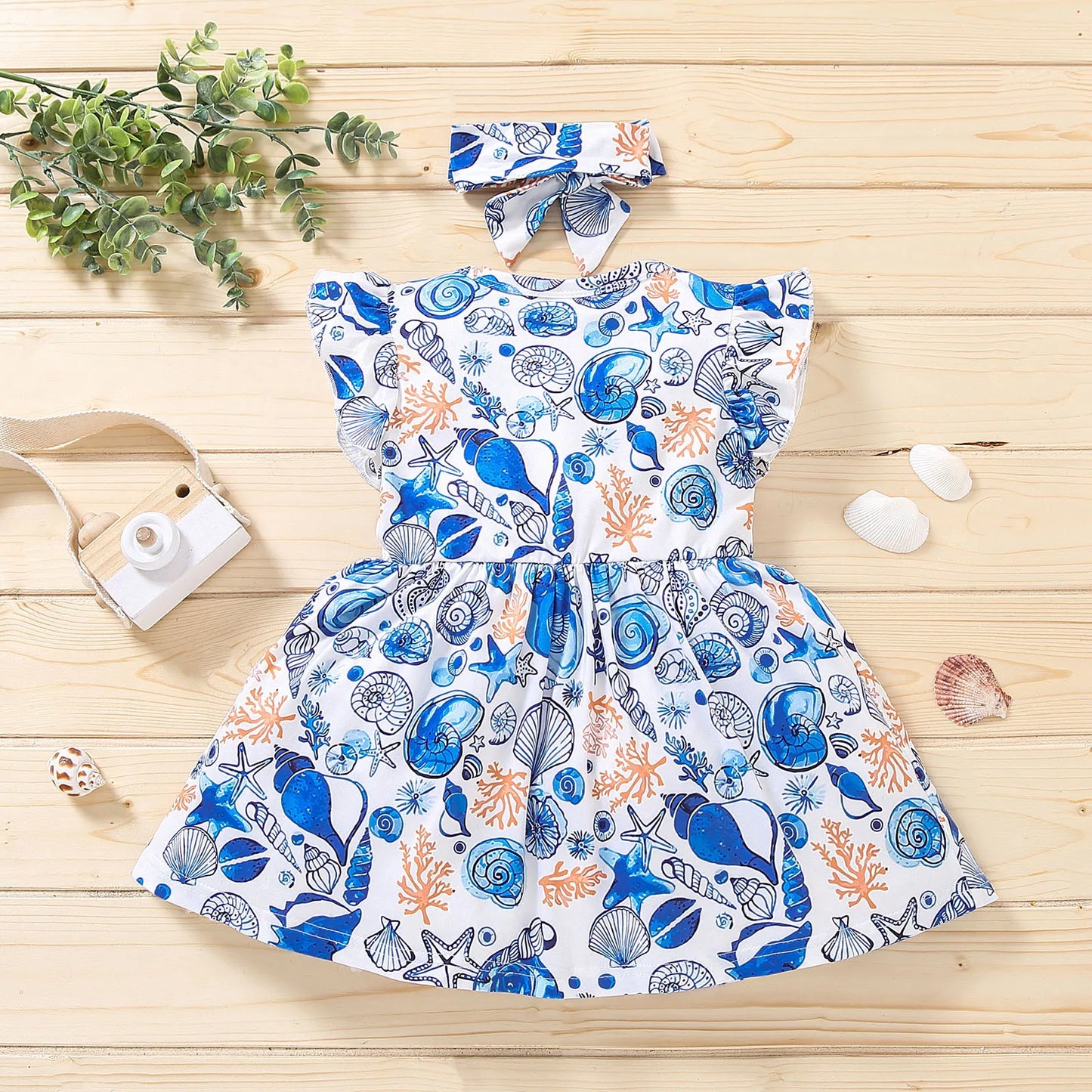 2025 Baby Girl Dresses 18 Month Girls Toddler Beach Sea Printed Flutter Sleeves Dress Infant Girls Preschool Sweet Clothes