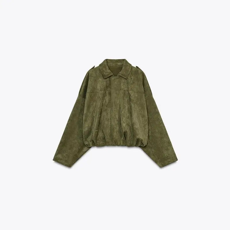 Chic Brown Faux Suede Cropped Casual Coat Vintage Lapel Solid Zipper Short Jacket 2025