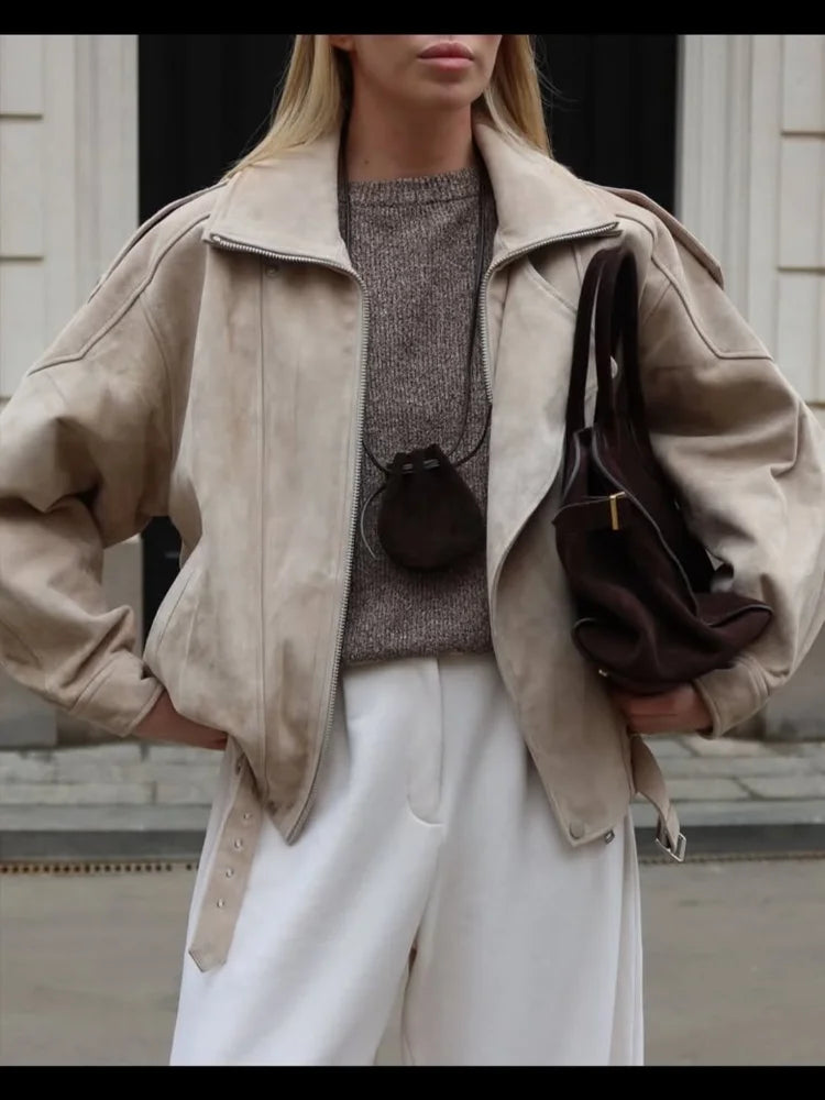 Chic Brown Faux Suede Cropped Casual Coat Vintage Lapel Solid Zipper Short Jacket 2025