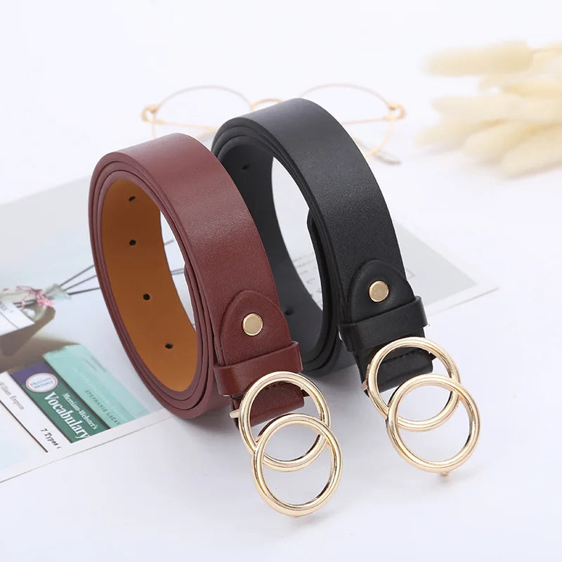 Double Ring Belts for Women Fashion Dress Jeans Belt PU Leather Metal Buckle Round Black Waist Belts