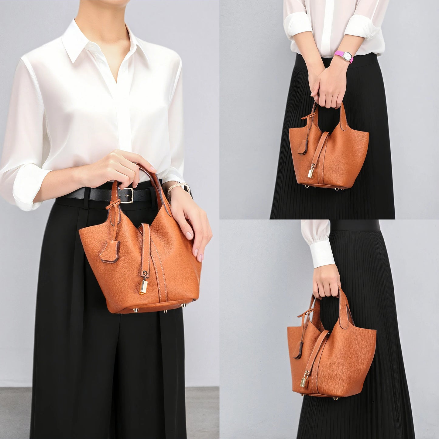 2025 Casual Fashion Female Genuine Leather Bucket Bag Luxury Handbag High-End Tote Bag Woman Cow Leather Mommy Bag & Metal Lock