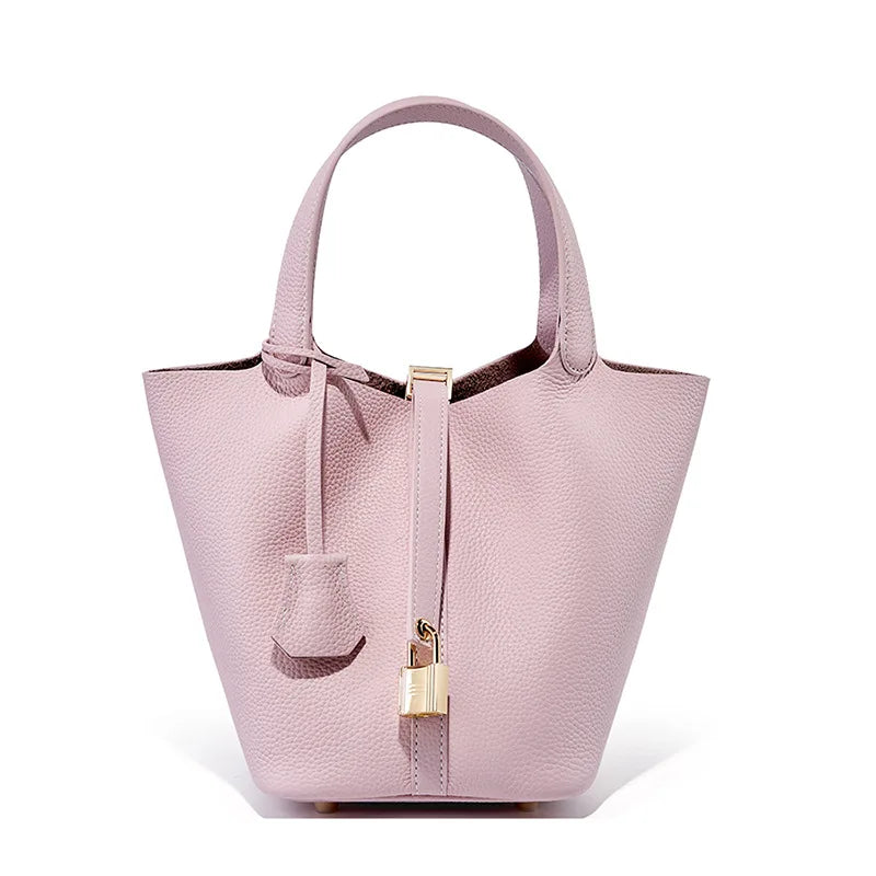 2025 Casual Fashion Female Genuine Leather Bucket Bag Luxury Handbag High-End Tote Bag Woman Cow Leather Mommy Bag & Metal Lock