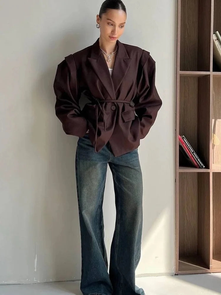 Fashion Brown Lace-up Waist Cinching Blazer Woman Casual V-neck Long Sleeve Short Coat