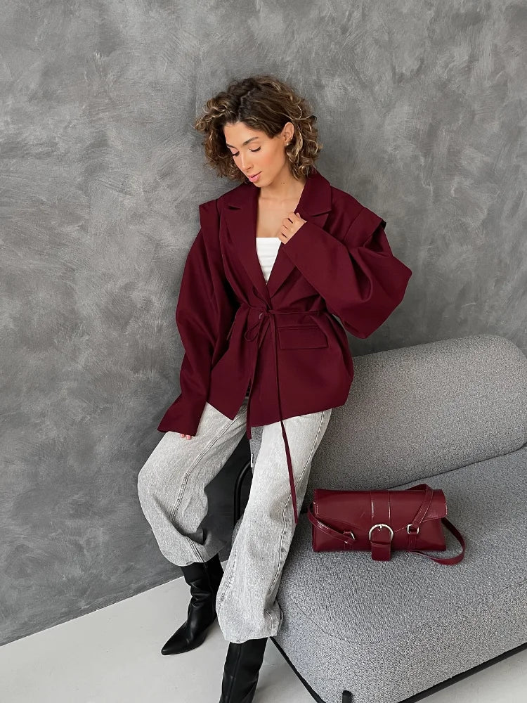Fashion Brown Lace-up Waist Cinching Blazer Woman Casual V-neck Long Sleeve Short Coat