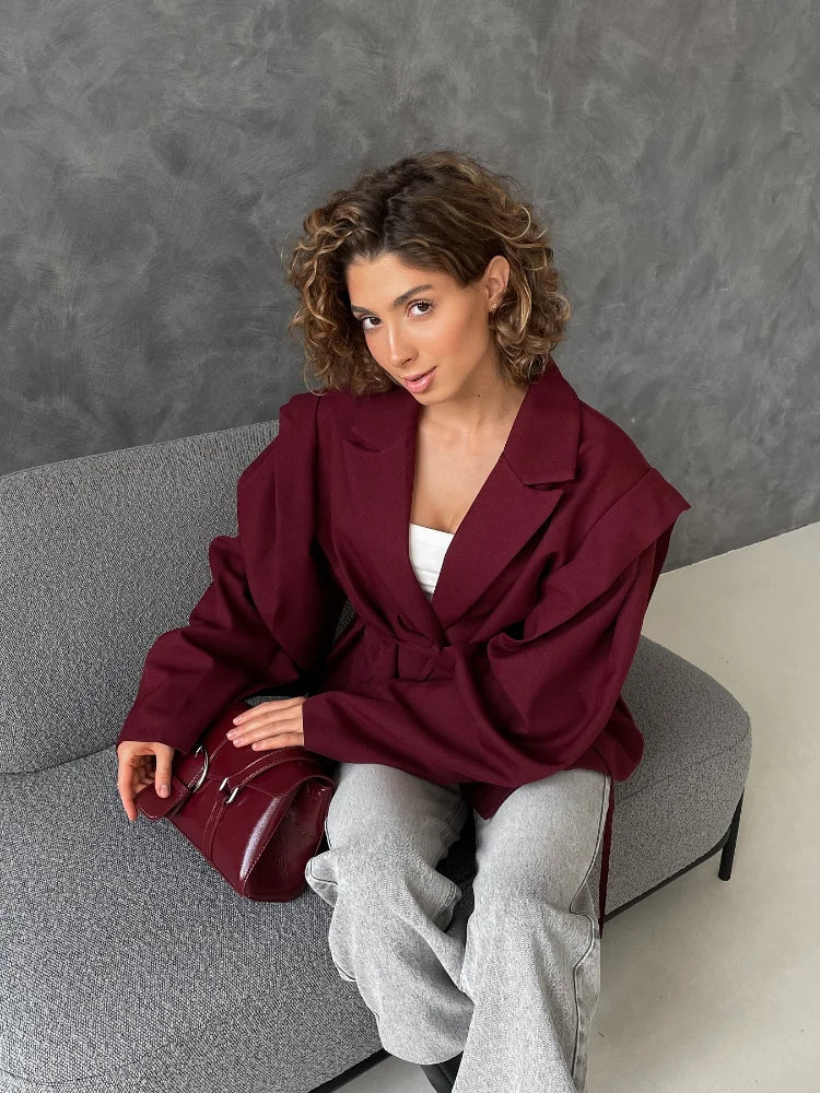 Fashion Brown Lace-up Waist Cinching Blazer Woman Casual V-neck Long Sleeve Short Coat