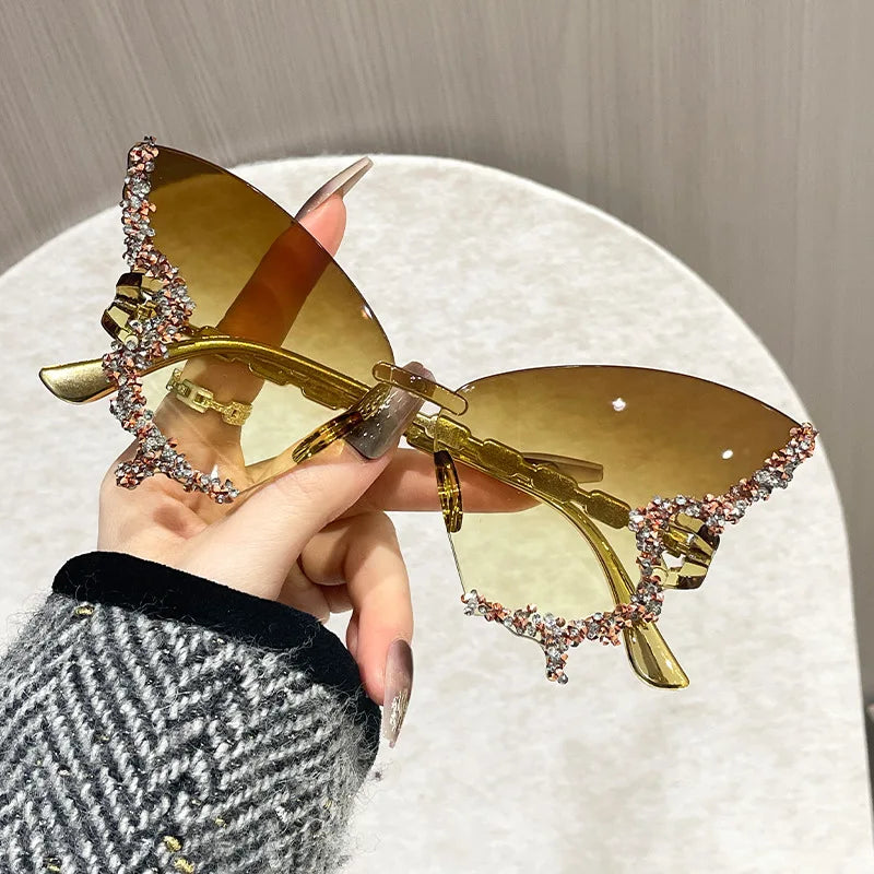 Rimless Butterfly Sunglasses Cat Eye Popular Women Men Shades Small Ellipse Sun Glasses